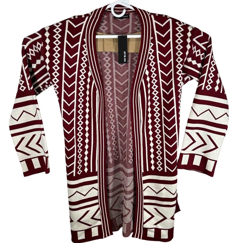 On Blue Womens Burgundy Geometric Southwestern Open Front Sweater Medium New